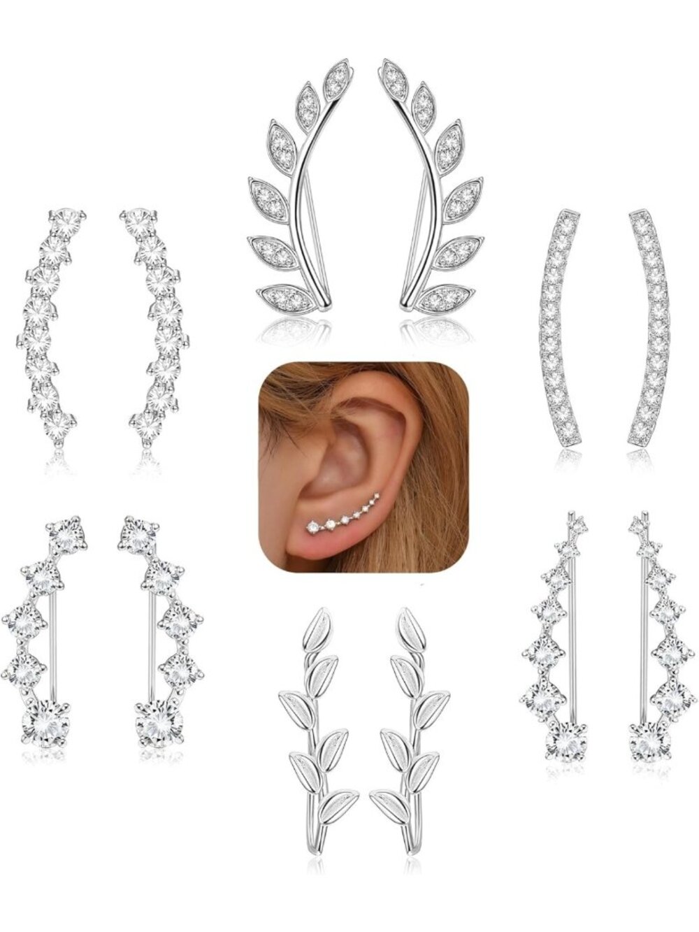 6 Pairs Ear Cuffs Climber Hoop Earrings - CZ Arrow Crawler Studs for Women